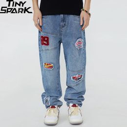 Pants Men Hip Hop Streetwear Denim Pants Embroidery Patches Denim Pants 2022 Harajuku Cotton Harem Pants Trousers Joggers Jeans Blue