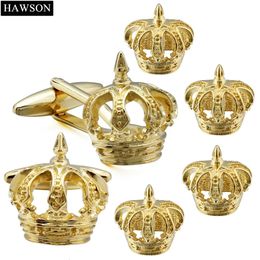 HAWSON Crown Cufflinks Studs Sets Golden Metal Cuff Links Buttons for Tuxedo Shirt For Groomsmen Wedding Jewellery 240104