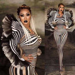 Stage Wear Personality 3D Print Zebra Pattern Women Jumpsuits Long Sleeve Skinny Playsuits Nightclub Dancer Singer Outfit
