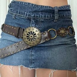 Belts Rockmore Vintage PU Leather Hollow Out Ring Wide Belt y2k Streetwear Punk Rivets Belts for Women Fashion Accessories Waistband