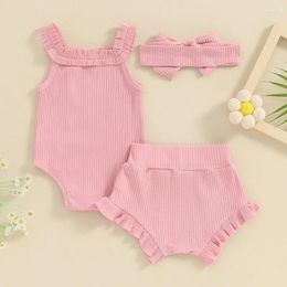 Clothing Sets Toddler Baby Girl Summer Outfits Ribbed Ruffler Romper Soild Color Shorts Headband Cute Born Infant Clothes