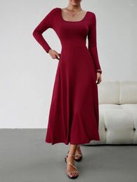 Casual Dresses Fashion Women Long Dress Sleeve U Neck Solid Fall Swing For Daily Party Skin-Friendly S-XL