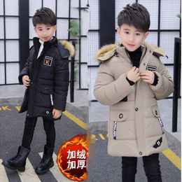 4 6 8 10 12 14 Years Big Boys Jacket Autumn Winter Plus Velvet Warm Teen Kids Jackets Fashion Mid-Length Zipper Hooded Boys Coat 240103