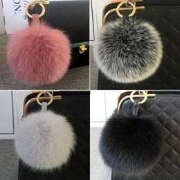 Luxury Brand 15 cm Real Fox Fur Ball Pom Poms Pompom High Quality Keychain Key Chain Metal Ring Pendant For Women 240104