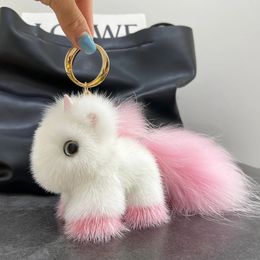 Luxury Real Mink Fur Unicorn Pendant Keychain Girls Cute Plush Doll Handbag Charm Car Key Ring Ornaments Birthday Gifts Kids 240103