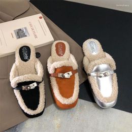 Slippers Women Elegant Plush 2024 Winter Warm Korean Temperament Outdoor Lambhair Metal Buckle Dress Shoes Mature Flat