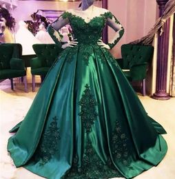 Hot Emerald Green Lace Satin Prom Party Dresses 2024 V-neck Long Illusion Sleeves Evening Formal Gowns Robes De Soiree Longue Abendkleid