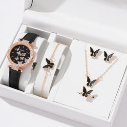 6pcs Luxury Watch Women Ring Necklace Earrings Bracelet Set Watches Butterfly Leather Strap Ladies Quartz WristWatch No Box 240102