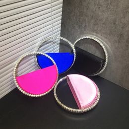 Lady Blue/Pink Diamond Circular Evening Bag Women Fushia Round Handle Rhinestone Dinner Clutch Purse Ladies Half Moon Handbags 240104