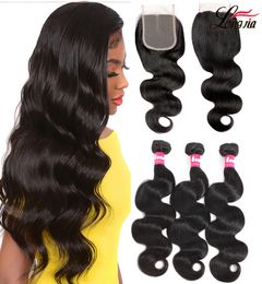 Brazilian Body Wave 34 Bundles With Lace Closure Natural Colour Unprocessed Brazilian human hair closure 4x4 Human hair extensions3163169