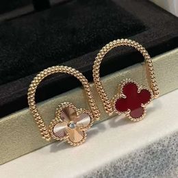 New High Board Clover Flower Red Agate Laser for Women 18k Rose Gold Flipped Double sided Ring