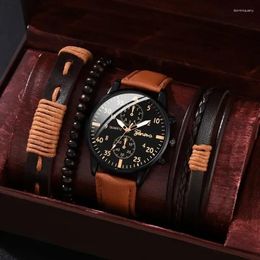 Wristwatches Luxury Men Watch Bracelet Set Fashion Business Brown Leather Quartz Wrist Watches For Gift Box Relogio Masculino
