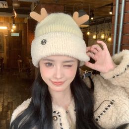 Beanie Skull Caps Rabbit Hair Knitted Woollen Hat for Women in Autumn and Winter Cute Deer Antlers Thickened Baotou Students Riding Warm Ear Protection Cold