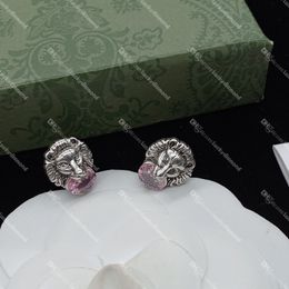 Brand Stud Lion Head Earrings with Crystal Women Diamond Hoop Earring Silver Chic Studs Party Accessories