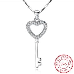 925 Sterling Silver Jewellery CZ Zirconia Crystal Love Key Pendant Necklace Women's Gift 45cm Chain Necklace S-N74 240104