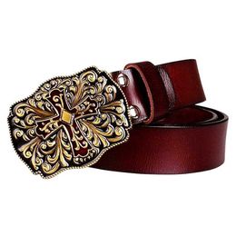 Belts Christian Cross Sign Arabesque Pattern Metal Buckle Cowskin Leather Belt Fashion Jeans Decorative Waistband For Women Men