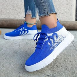 Dress Shoes Women's Breathable Mesh Sneakers Low Top Lace Up Platform Blue Casual Fashion Lightweight Footwear