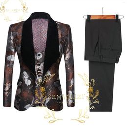 Men's Suits Men Wedding 2024 Designs Custom Made Shawl Lapel Brown Floral Smoking Tuxedos 3 Pieces Groom Terno Party For