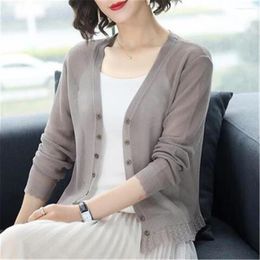 Women's Knits Women 2024 Summer Thin Knit Sweater Cardigan Air Conditioner Sunscreen V-Neck Long Sleeve Female Hollow Out Knitwear Coat