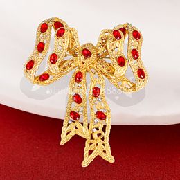 Luxury Rhinestone Bow Brooches Gold Colour Brooch Coat Dress Sweater Lapel Pins Clothing Accessories Fashion Vintage Jewellery Gift