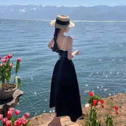 Casual Dresses Summer Black Sexy Backless Sundress Women's Dress Vintage Party Beach Clothes Birthday Y2k Retro 2024 Korean Fashion