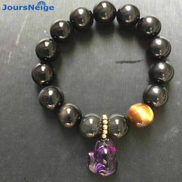 Bangle Black Rainbow Eyes Natural Obsidian Stone Bracelet Purple Crystal Fox Pendant Lucky for Women Men Energy Stone Bracelet Jewellery