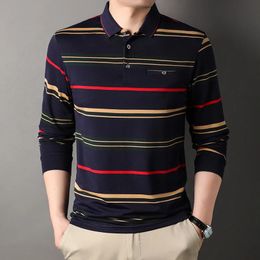 100 Cotton Polo Shirt for Men Striped Long Sleeve Multicolor Autumn and Spring Male Korean Style Luxury Clothing 240104
