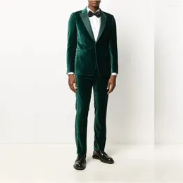 Men's Suits Velvet Green 2 Piece Jacket Pants Slim Fit Chic Blazer Single Breasted Peaked Lapel Smart Casual Business Clothing