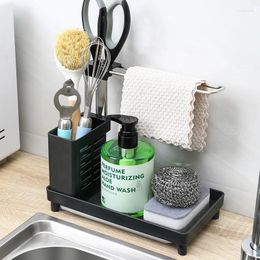 Kitchen Storage Sink Rack With Drainer Tray Rag Towel Hanger Sponge Soap Brush Holder Utensil Organizer For Accessories