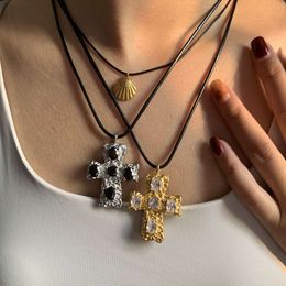 Aretas Religious Jewellery Chunky Cross Pendant Necklace Women 18K Gold Silver Fashion Hammered Textured Cross Zircon CZ Necklace