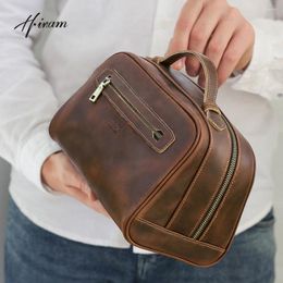 Cosmetic Bags Men Genuine Leather Makeup Bag Travel Storage Wash For Women Vintage Clutch Toiletry Handbag