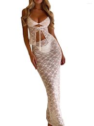 Women's Swimwear Women S Elegant Lace Two-Piece Set Sheer Low-Cut Sleeveless Tie-Up Tank Top With Long Bodycon Skirt - Perfect For Beachwear