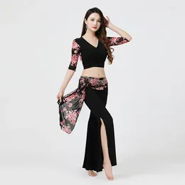 Stage Wear Autumn And Winter Belly Dance Floral Training Suit Big Size Slimming Oriental Costume Slit Pants