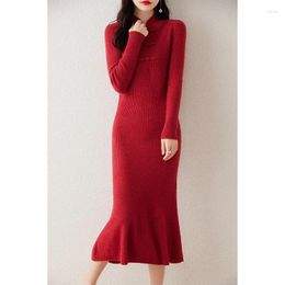 Casual Dresses Chinese Style Wool For Women 2024 Winter Fashion Length-keen Cashmere Female O-neck Clothing DR01