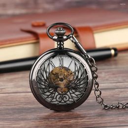 Pocket Watches Vintage Black/Bronze Hollow Wings Pattern Mechanical Watch Men Luxury Pendant Clock Hand-Wind Movement Timepiece