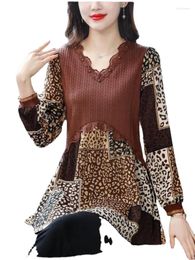 Women's Blouses Ruffle Top Women Long Sleeve Elegant Office Lady Patchwork Sheer Belly Design Leopard Peplum Shirts LJ227