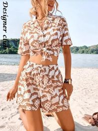 Skirts Women Singlebreasted Lapels Blouse Print Shorts Sets 2022 Summer Short Sleeve Shirt Elastic Waist Shorts Fashion Casual Sets