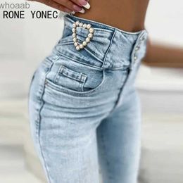 Women's Jeans 2023 Women Fashion Solid Chic Beading Decoration High Waist Multi Breasted Skinny Jeans Denim Pants YQ240104