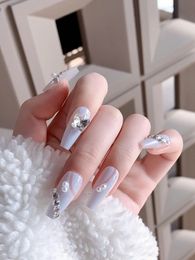 Chinese style fake nails white with several little diamonds Fake Artificia Nail Tips Removable Manicure 240104