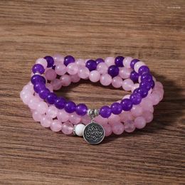 Strand YUOKIAA 8mm Fashionable Natural Powder Crystal Amethyst Beaded Lotus Pendant Bracelet Meditation Yoga Blessing Jewellery Gift