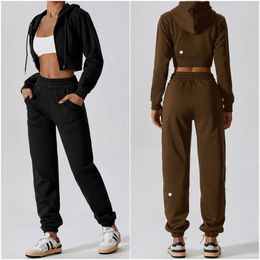 LU LU LEMONS Outfit Womens Yoga Winter Hooded Tops Trousers One Set Sleeve Jackets Long Pant Excerise Sport Gym Running Jacket Elastic Sportwear Hoodies