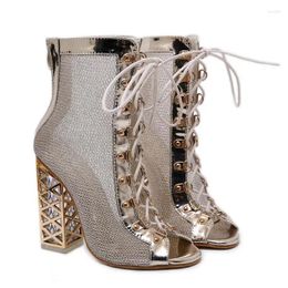 Dress Shoes Women's Fish Mouth Fashion Sexy Golden Glitter Gladiator High Heels Summer Strappy Thick Heel Sandals