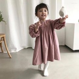 Girl Dresses Girls Cotton And Linen Lantern Sleeve Dress 2024 Autumn Forest Retro A-Line WT014