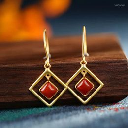 Dangle Earrings Natural Full-Flesh Enamel S925 Sterling Silver Frosted Gilding Southern Red Agate Versatile Geometric Jewelry