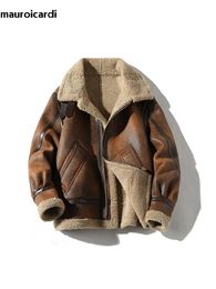 Mauroicardi Autumn Winter Cool Handsome Thick Warm Brown Faux Sheepskin Coat Men Luxury Designer Clothes Shearling Jacket 240104