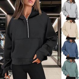 2024 lululemom Womens Yoga Scuba Half Zip Hoodie Jacket Fitness Activewear Top Solid Zipper Sweatshirt Sports Women's Define Workout Sport Coat