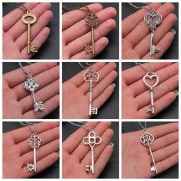 2-color antique silver antique bronze vintage key pendant necklace women's long chain metal chain necklace 240104