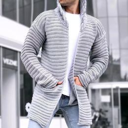 Autumn and Winter Men's Solid Colour Knitted Sweater Navy Blue Neckline Open Front Jacquard Long Jacket Coat Long Sleeves Warm and Smooth Flip Collar Clothing 240104