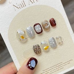 Handmade Short Nail Sets Press on Korean Round Head Fake Nails with Glue Artifical Acrylic Nail Tips with Design To Stick On 240104