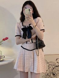 Work Dresses Woman Suit Korean Chic Summer Sweet And Age-reducing Round Neck Trim Bow Tweed Coat High Waist Pleated Skirt Female Sets